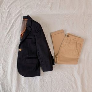 Kids navy Crewcuts Ludlow suit and tan Zara pants